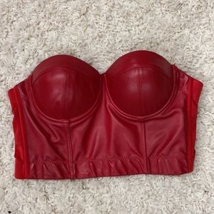 Red faux leather strapless bustier